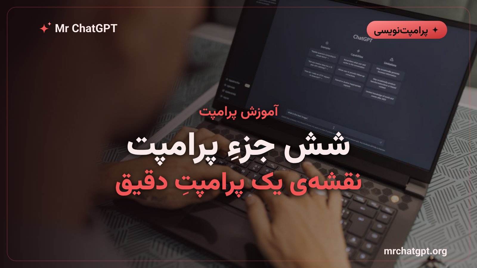 اینفوگرافیک شش جزء ساختار پرامپت حرفه‌ای شامل نقش، وظیفه و قالب خروجی